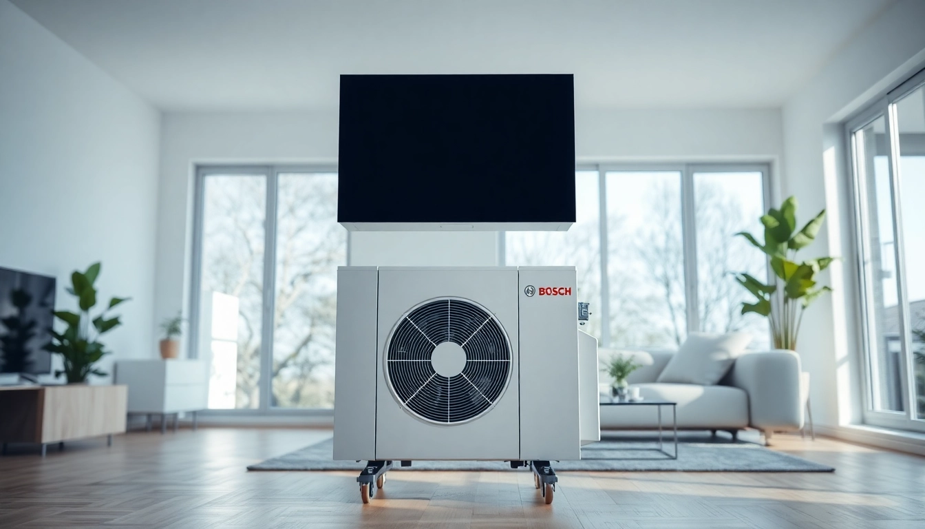 Wärmepumpe Bosch effizient und modern installiert in einem hellen Wohnzimmer.