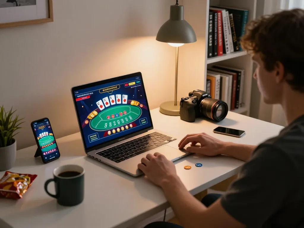 Engaging in responsible online gaming with đăng ký 88vv on a laptop at home.