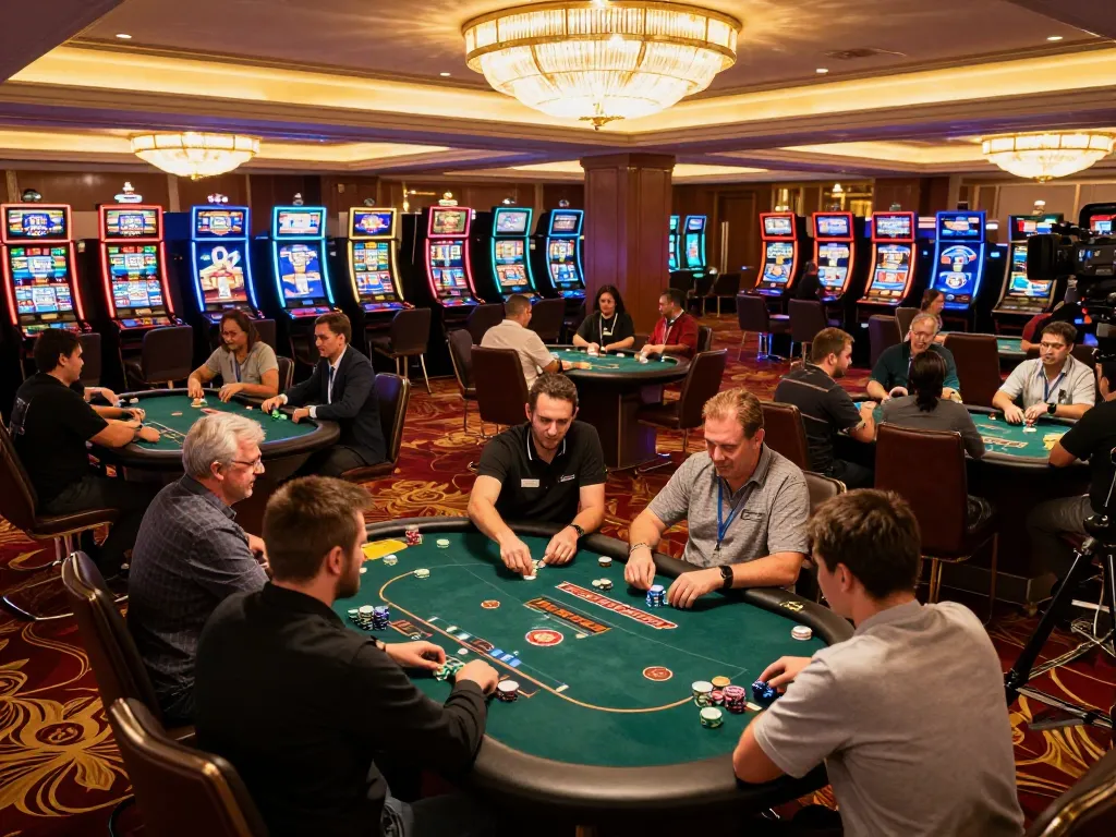 gg88 players strategizing at a busy casino table, engaged in competitive gambling action