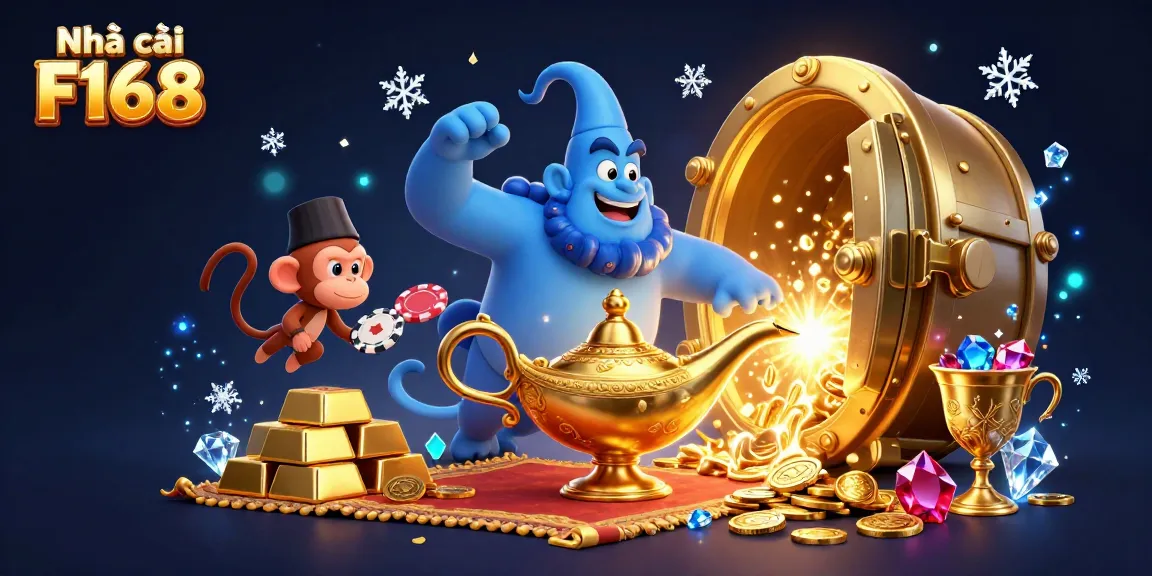 Experience the excitement with Nhà cái F168 as the genie emerges with golden treasures and poker chips.