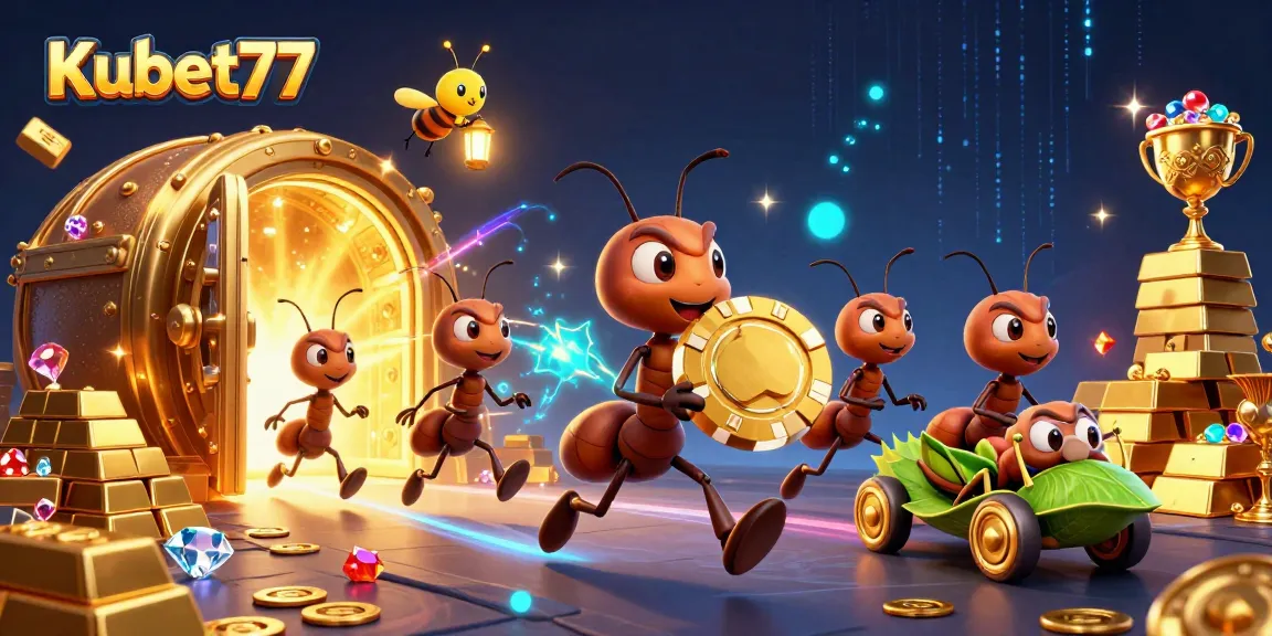 Kubet77 captures an exciting heist in a vibrant 3D casino scene with ants, firefly, and grasshopper.