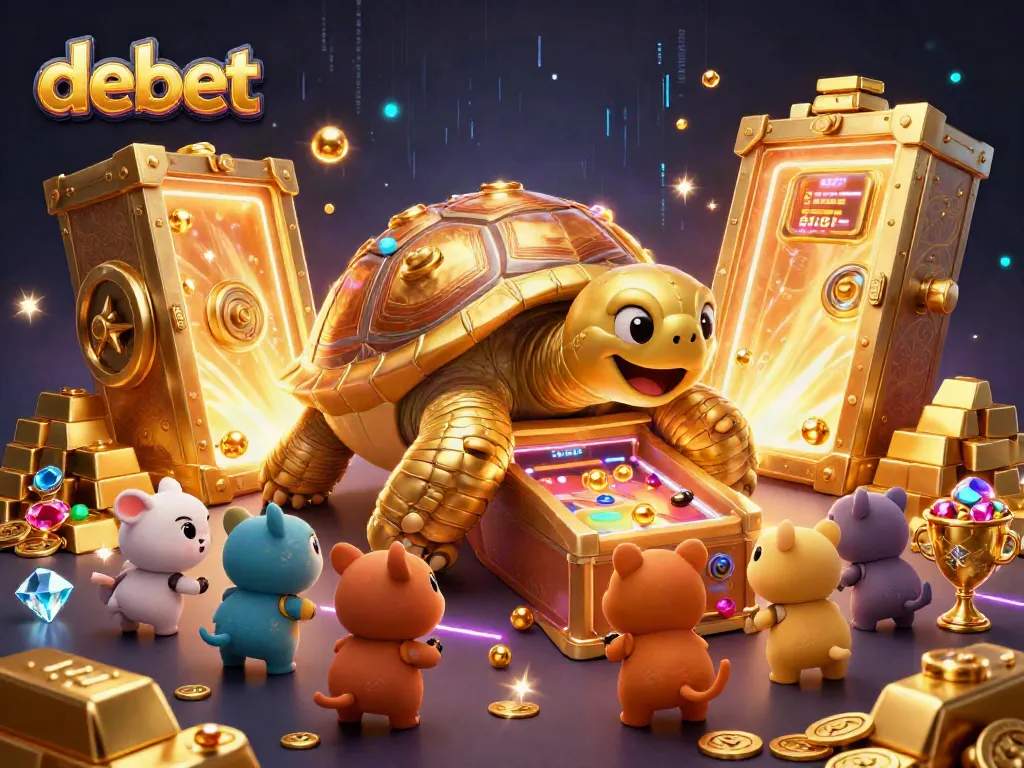 Engage with debet's vibrant casino universe featuring a playful tortoise and golden treasures.
