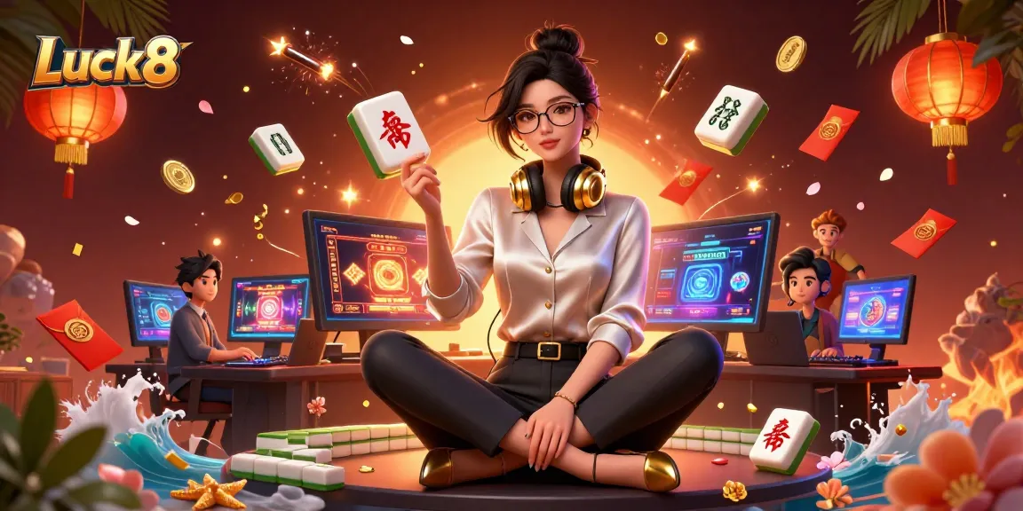 Experience Luck8's vibrant gaming world with a chic Asian woman gaming in style.
