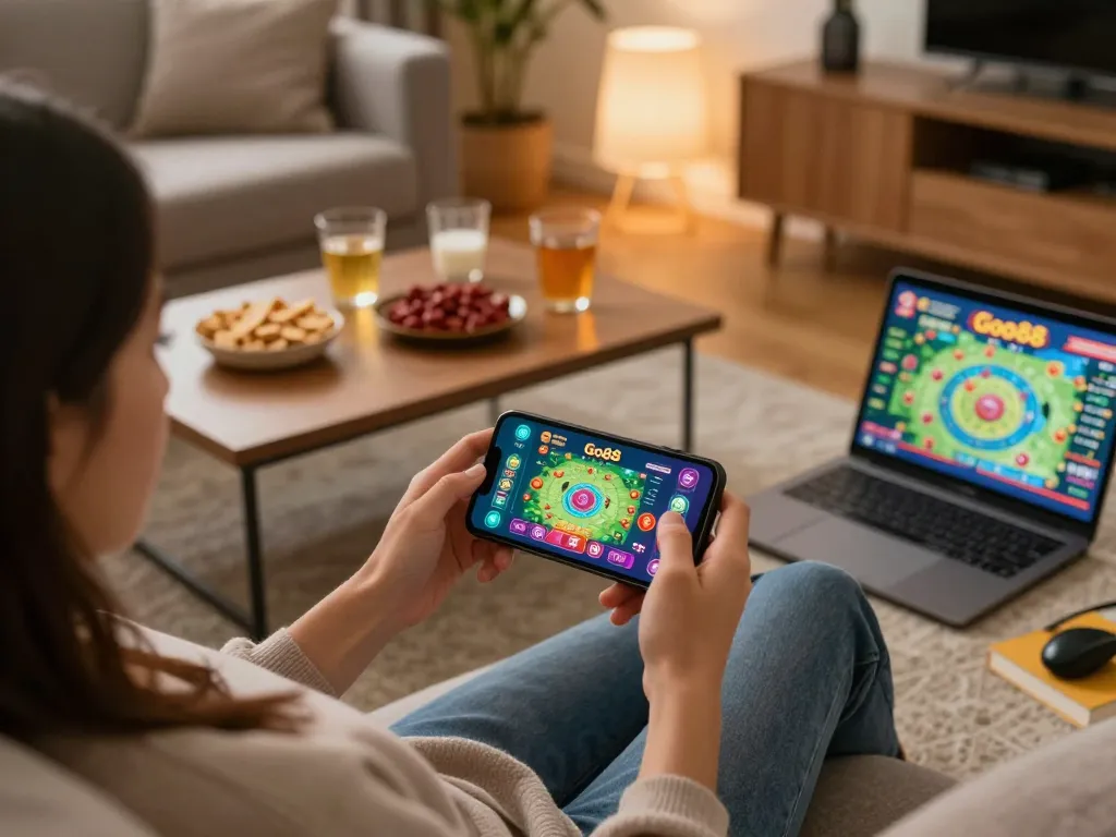 Enjoying Go88 mobile gaming on a cozy sofa while snacking in a warm living room atmosphere.