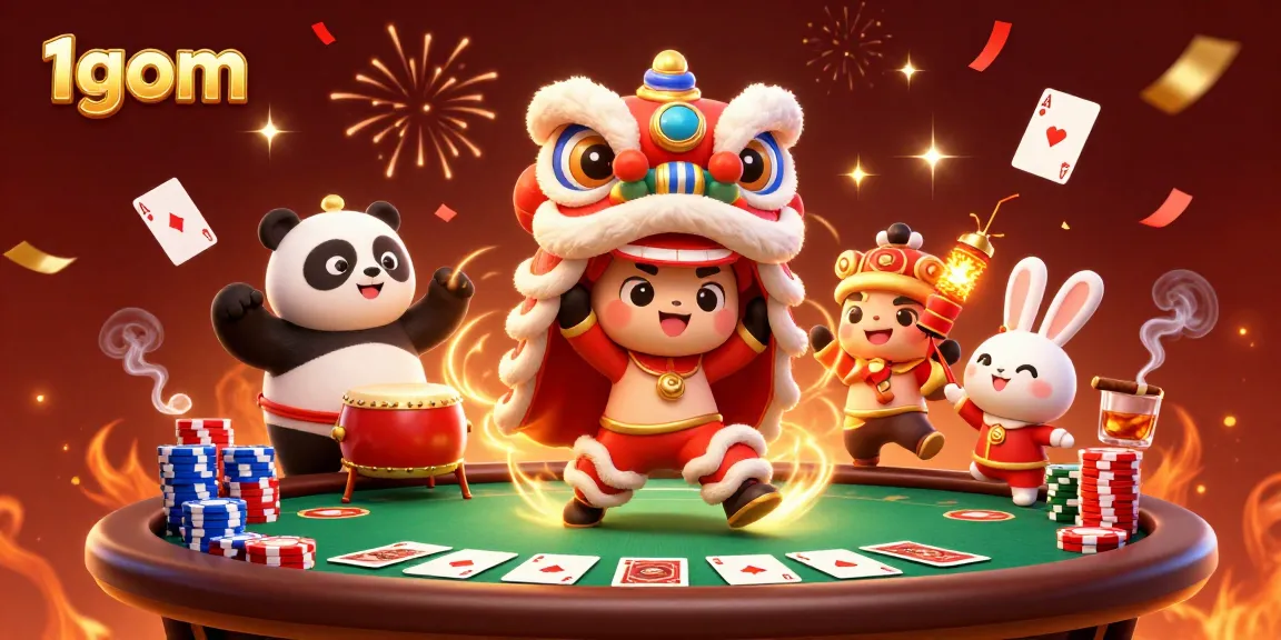 Experience thrilling betting action with 1gom, showcasing poker dynamics & festive characters.