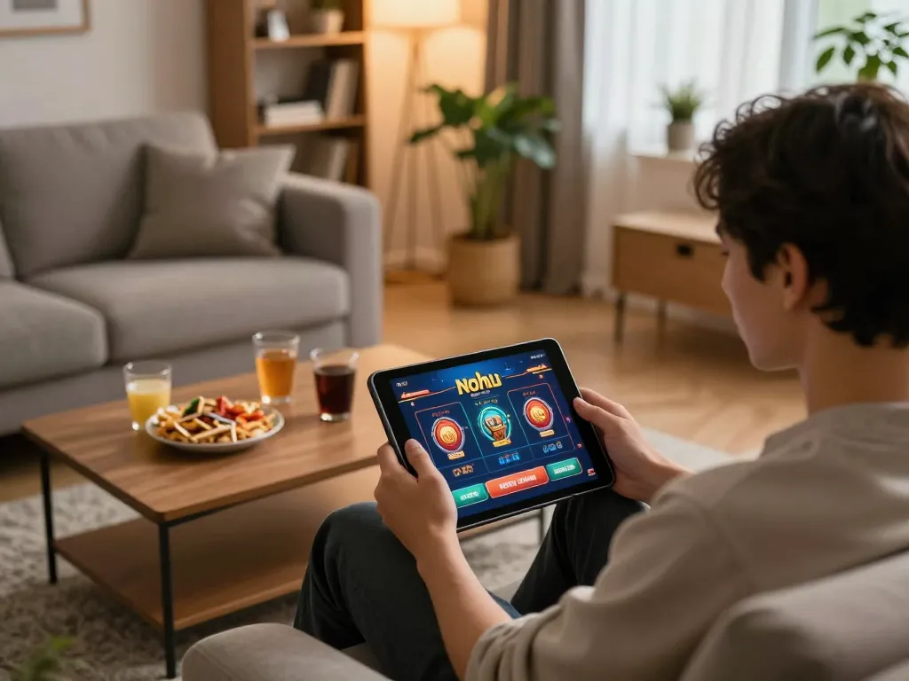 Nohu gaming experience on a tablet in a cozy living room with engaging gameplay.