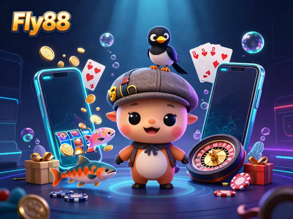 Engage in the thrilling world of Fly88 with cartoon characters showcasing casino elements like slots and poker cards