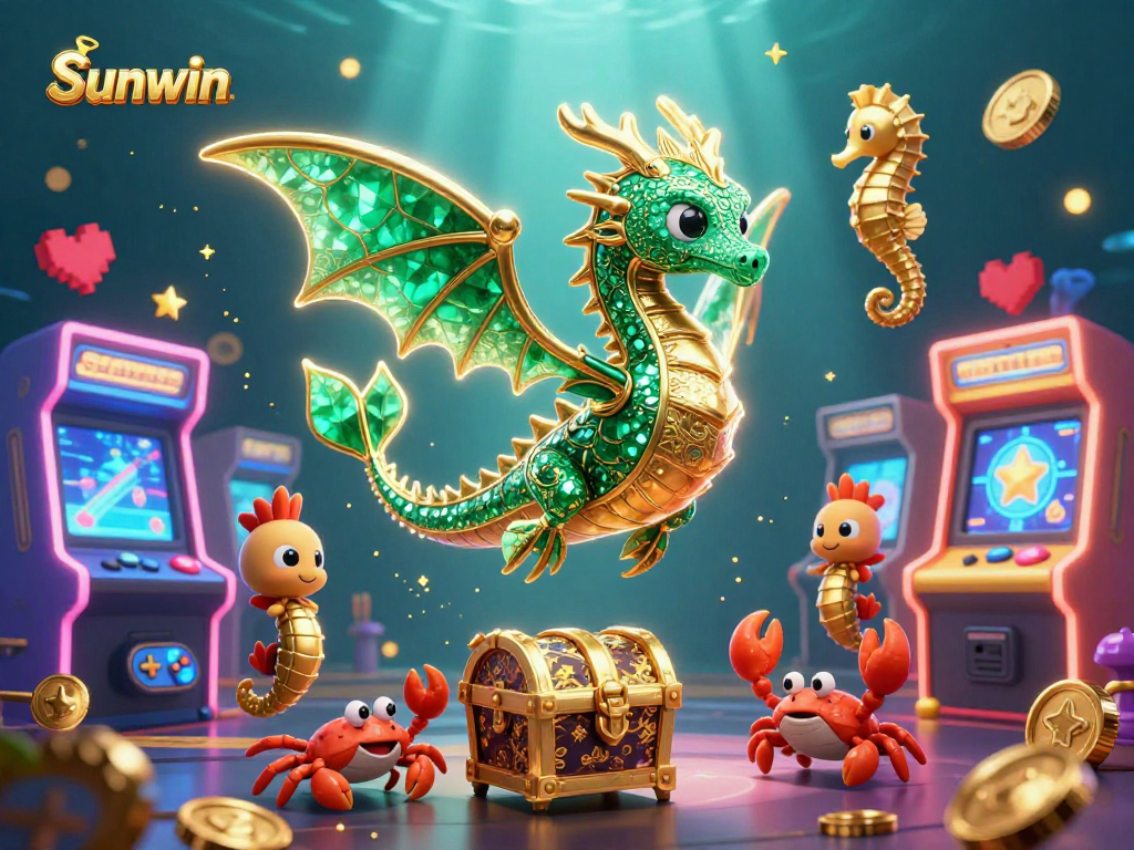 Engage with the vivid world of Sunwin as cartoon sea dragon and treasure crabs bring the gaming experience alive amid shimmering arcade elements.