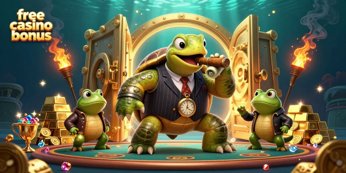 Experience the thrill with a free casino bonus while encountering animated creatures at a casino scene.