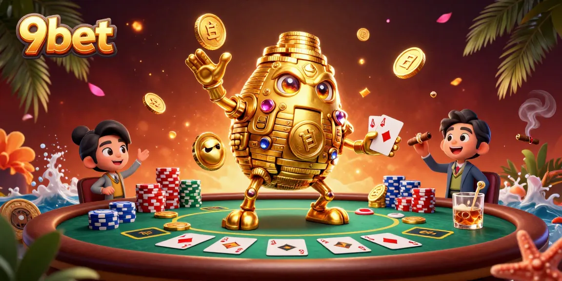 Engage with 9bet's lively casino scene featuring a golden golem and poker elements for thrilling gameplay.