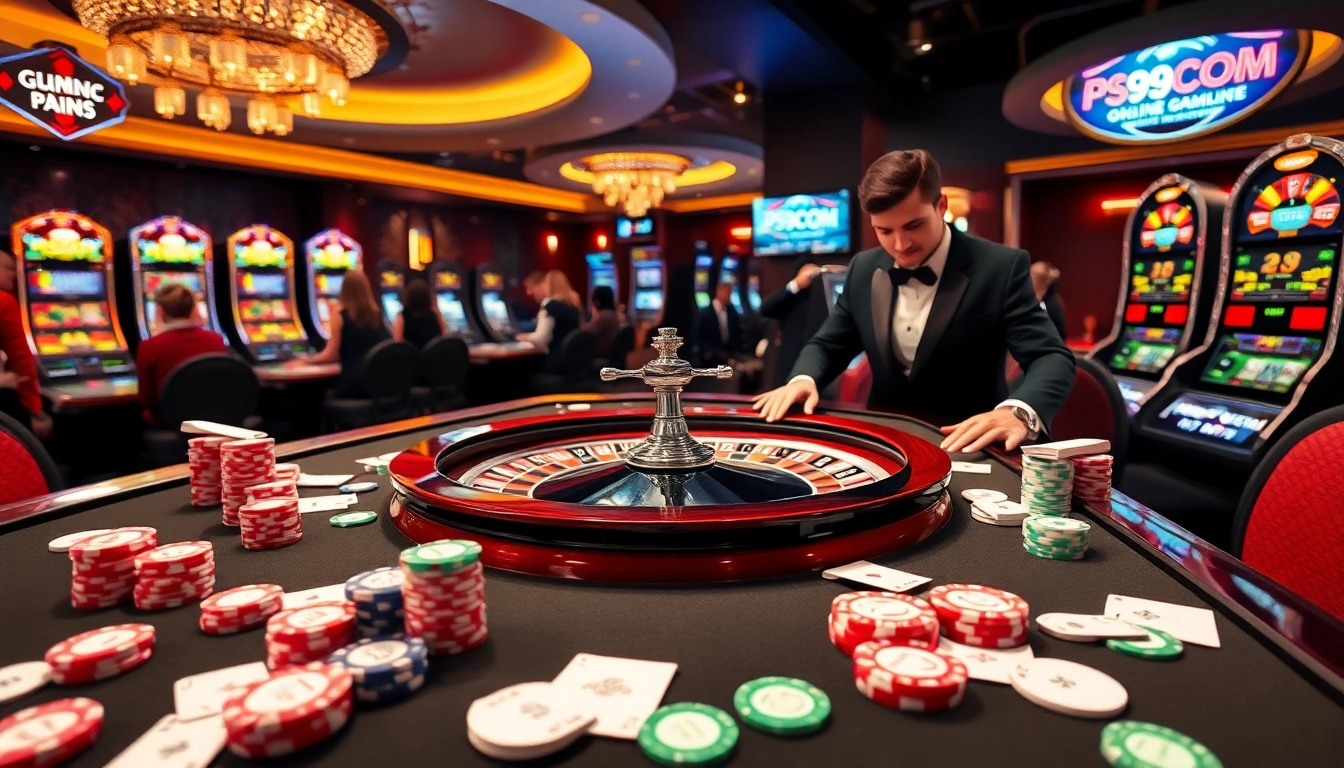 Experience strategic gaming at PS99COM with a vibrant casino atmosphere, poker chips, and engaging players.