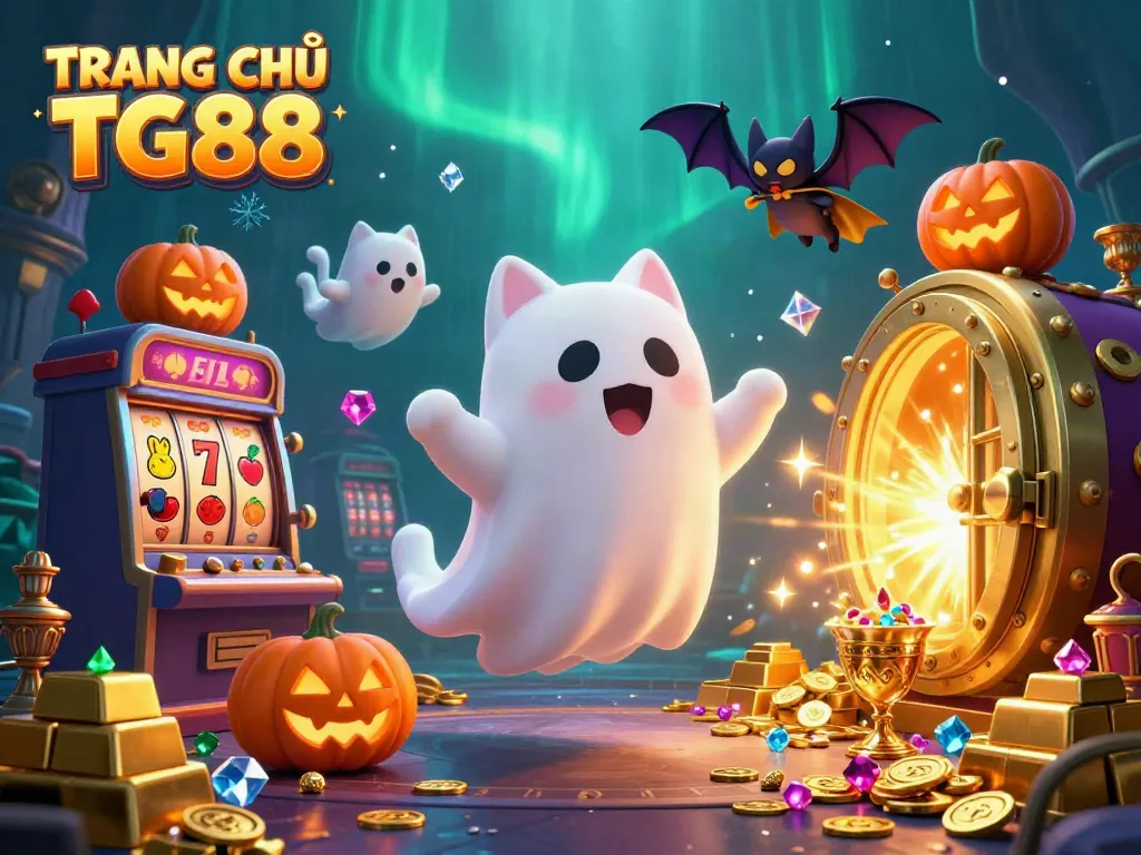 Experience the thrilling TRANG CHỦ TG88 casino atmosphere with a ghost cat and vampire bat among slot machines.
