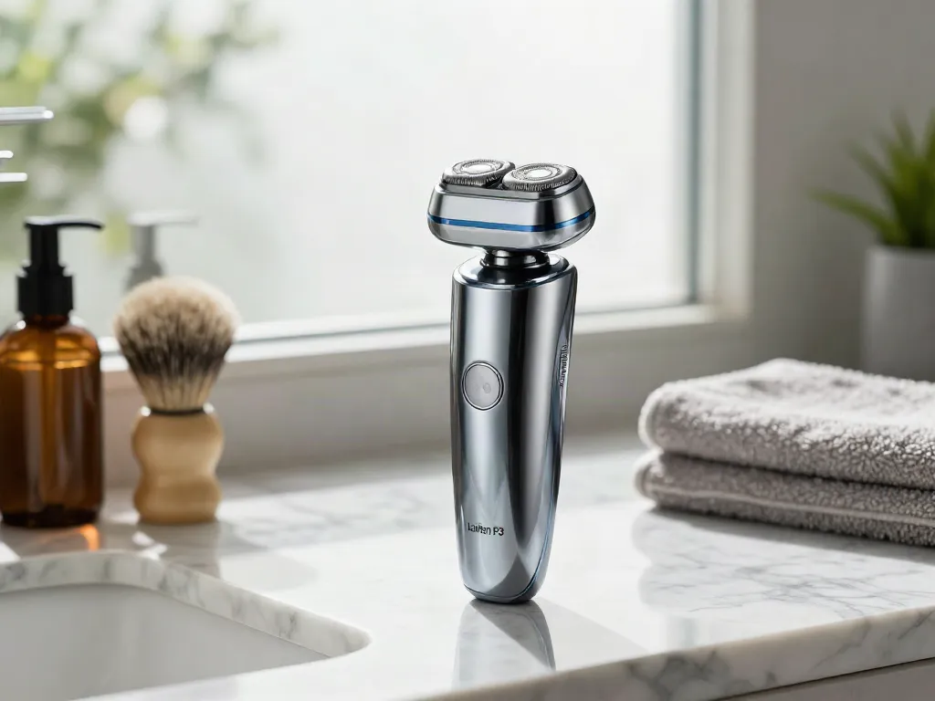 Eleganter Laifen P3 Elektrorasierer auf marmoriertem Badezimmerwaschtisch mit luxuriösen Pflegeprodukten.