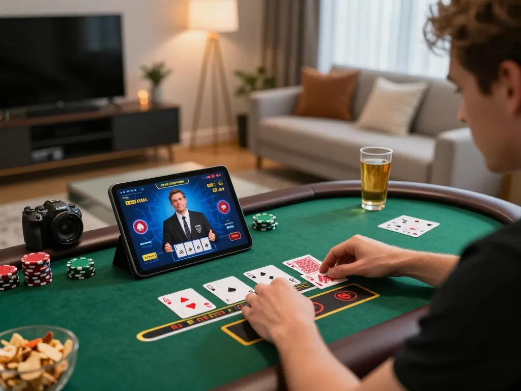Player strategizing on alo8 com while engaged in live dealer blackjack on tablet.
