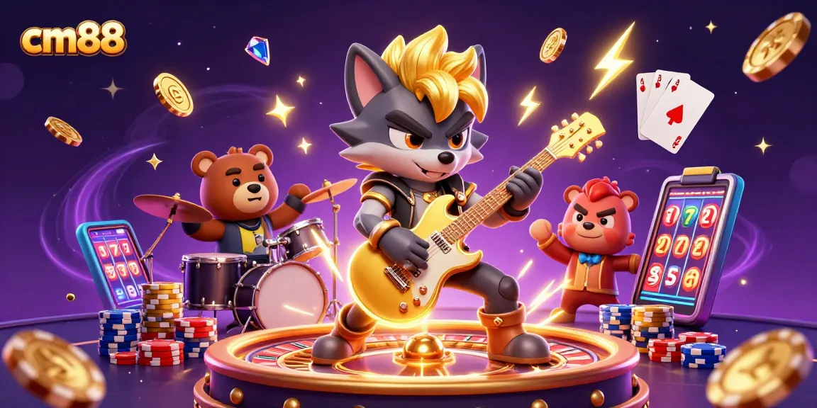 Experience the excitement of cm88 with a thrilling casino scene featuring a rock star wolf and a drummer bear.