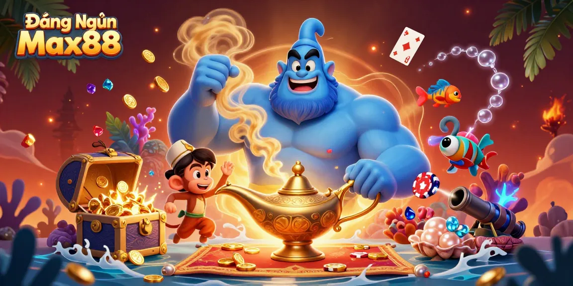 Experience Đăng nhập Max88 with this vibrant illustration featuring a magical genie and lively casino elements.