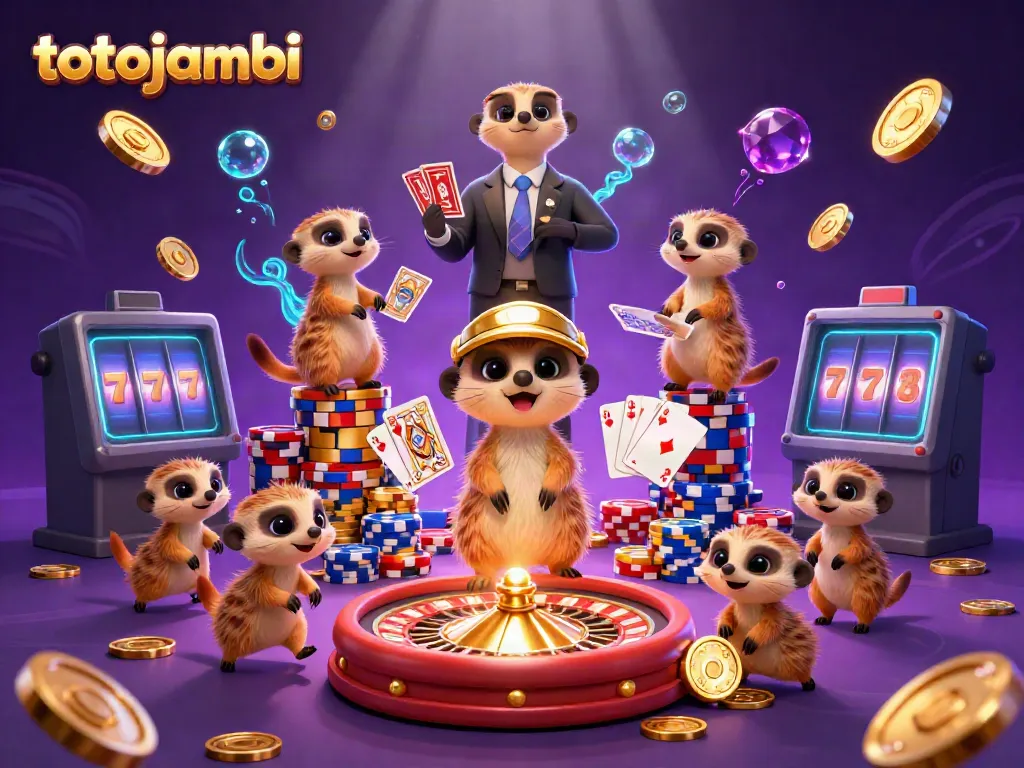 Experience thrilling gameplay at totojambi as meerkats manage a vibrant casino with glowing gems and dazzling coins.