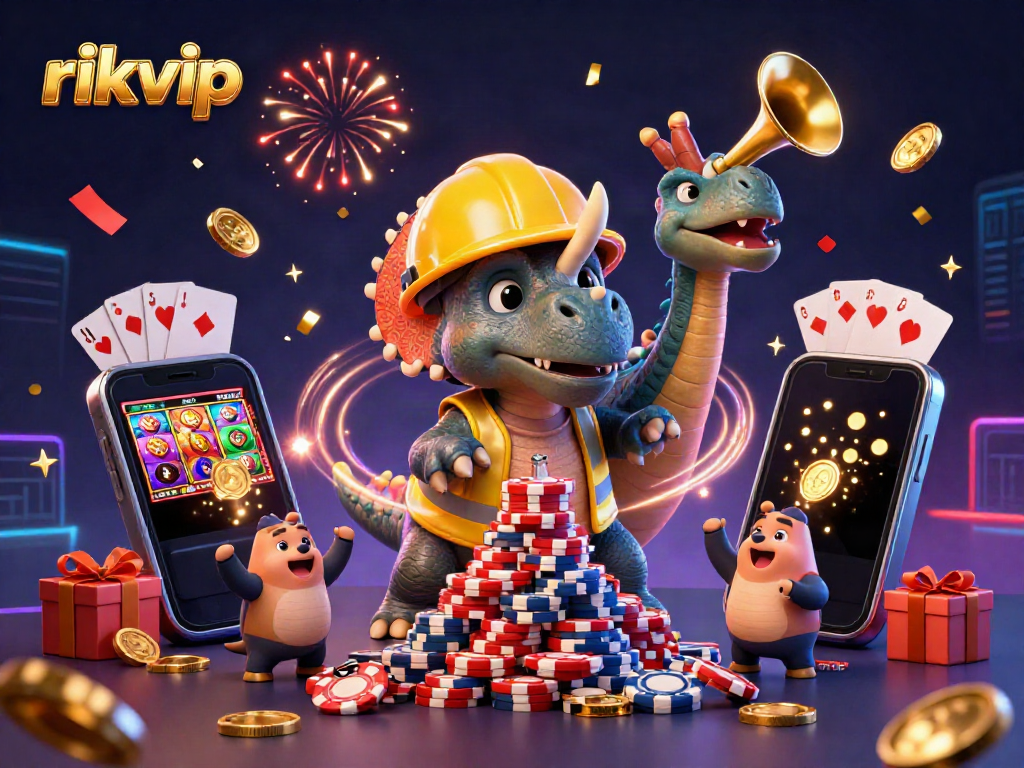 Experience excitement at rikvip with a playful scene of celebration and gaming elements.