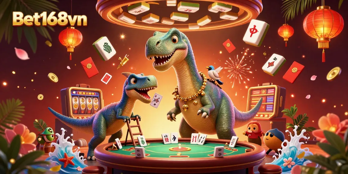 Experience thrilling gaming with Bet168vn, where vibrant casino elements blend seamlessly in a festive scene.
