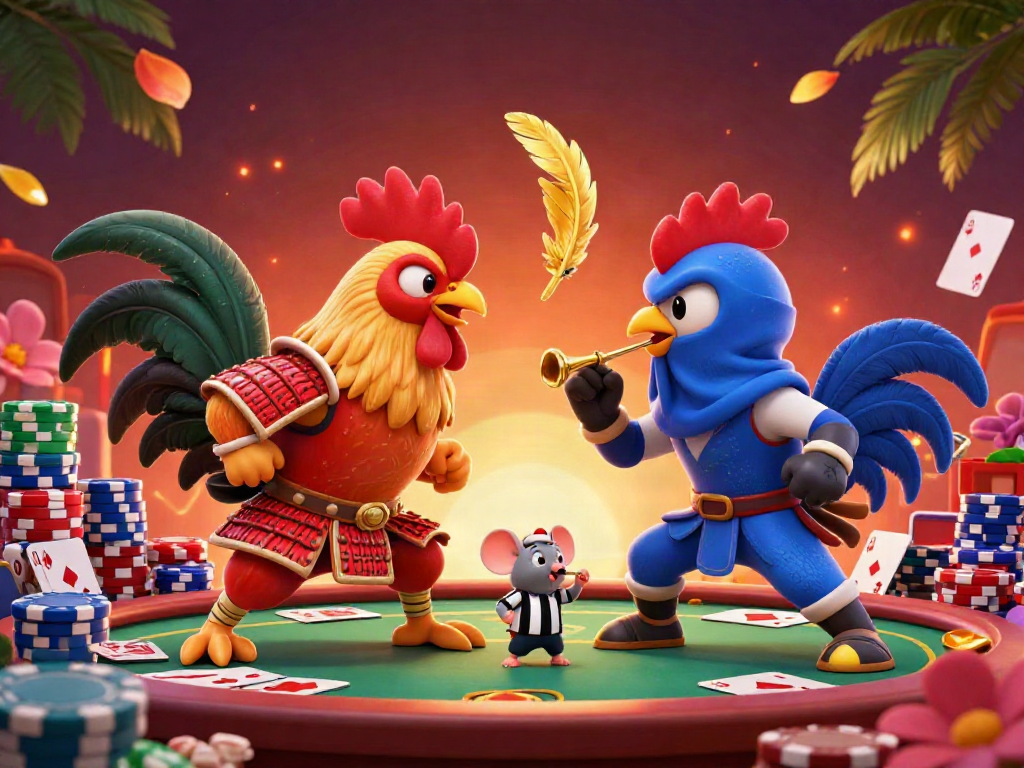 Experience thrilling gameplay at debet with dramatic rooster fight scene and poker elements.