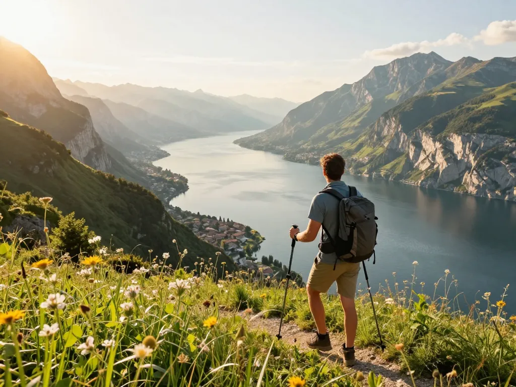 Beeindruckende Szene der Gardasee Reisetipps mit einem Wanderer, der den See und die Berge bei Sonnenuntergang überblickt.