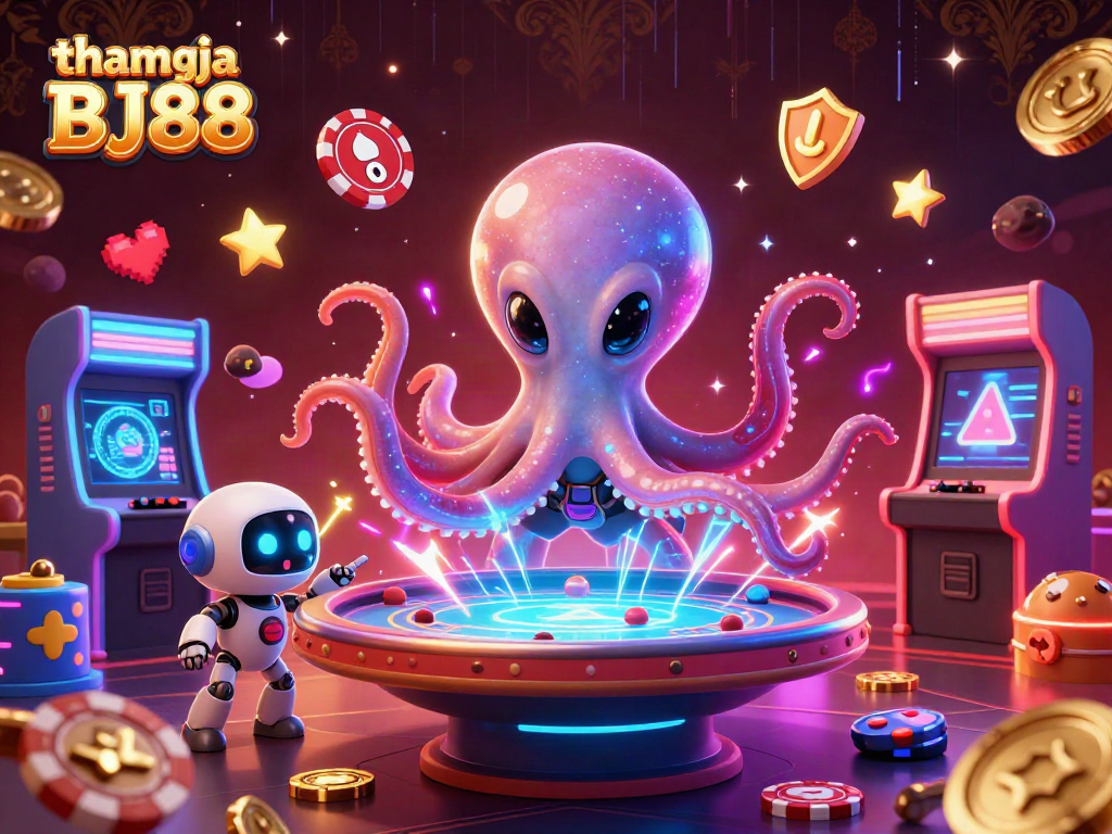 Join the fun at tham gia BJ88 with a cosmic octopus dealing cards at a holographic poker table!