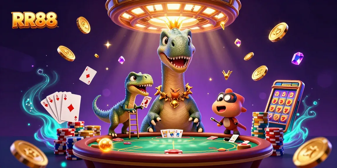 Engage with RR88's vibrant casino world, as a dinosaur and raptor deal cards amid cascading coins.