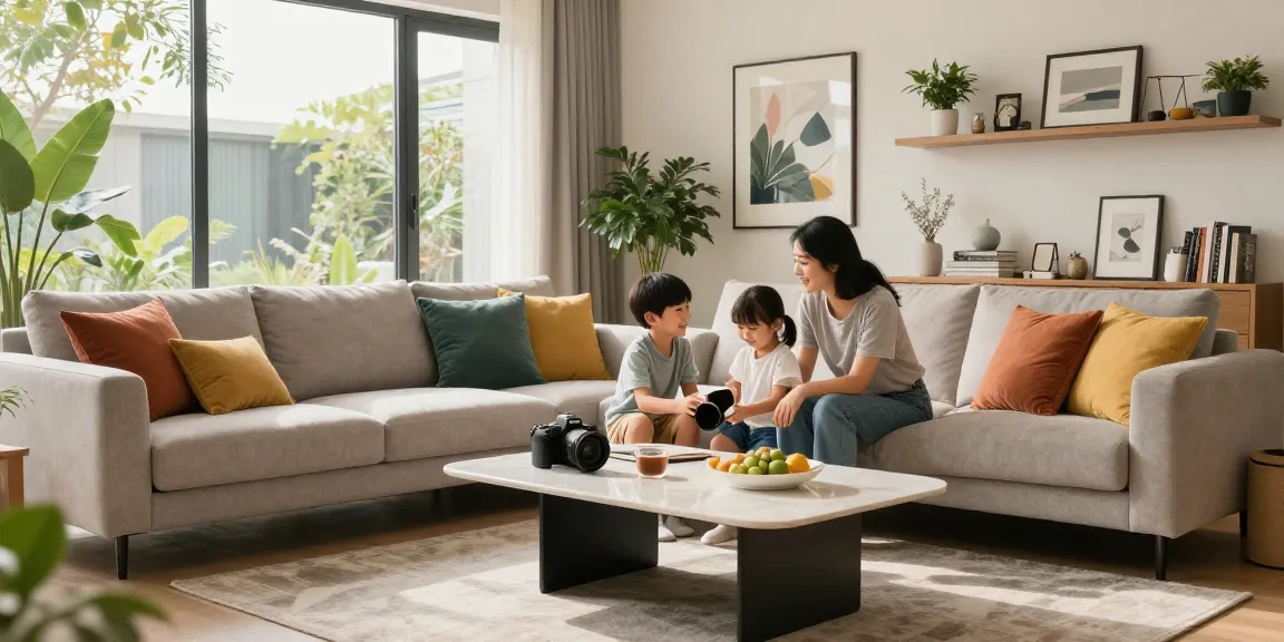 Gemütliche Wohnzimmer-Szene, die eine Familie zeigt, die gemeinsam Zeit verbringt, während sie möbel online bestellen.