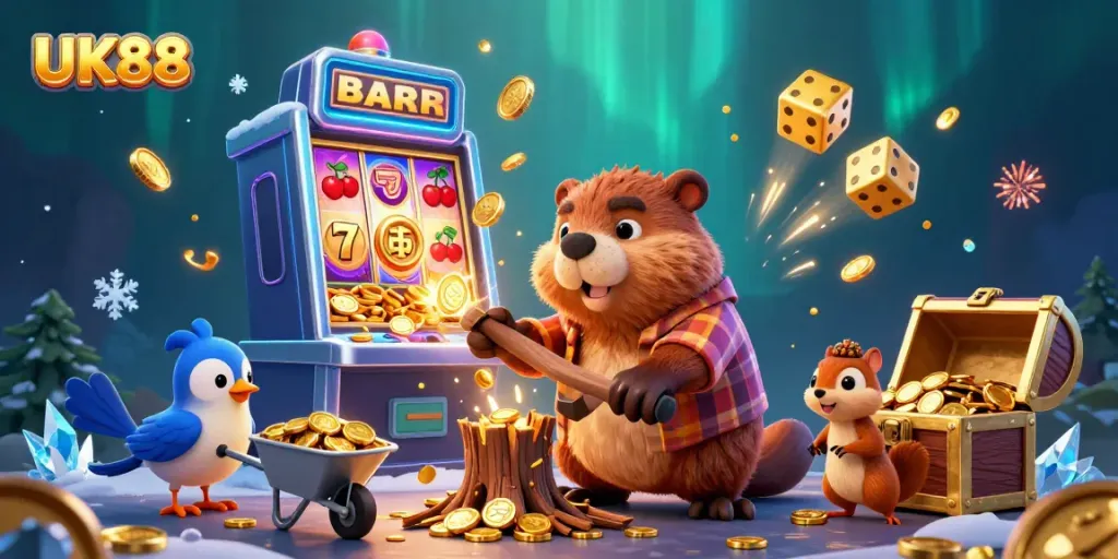Experience big wins at UK88 with a lively scene of a beaver collecting coins amidst colorful casino elements.