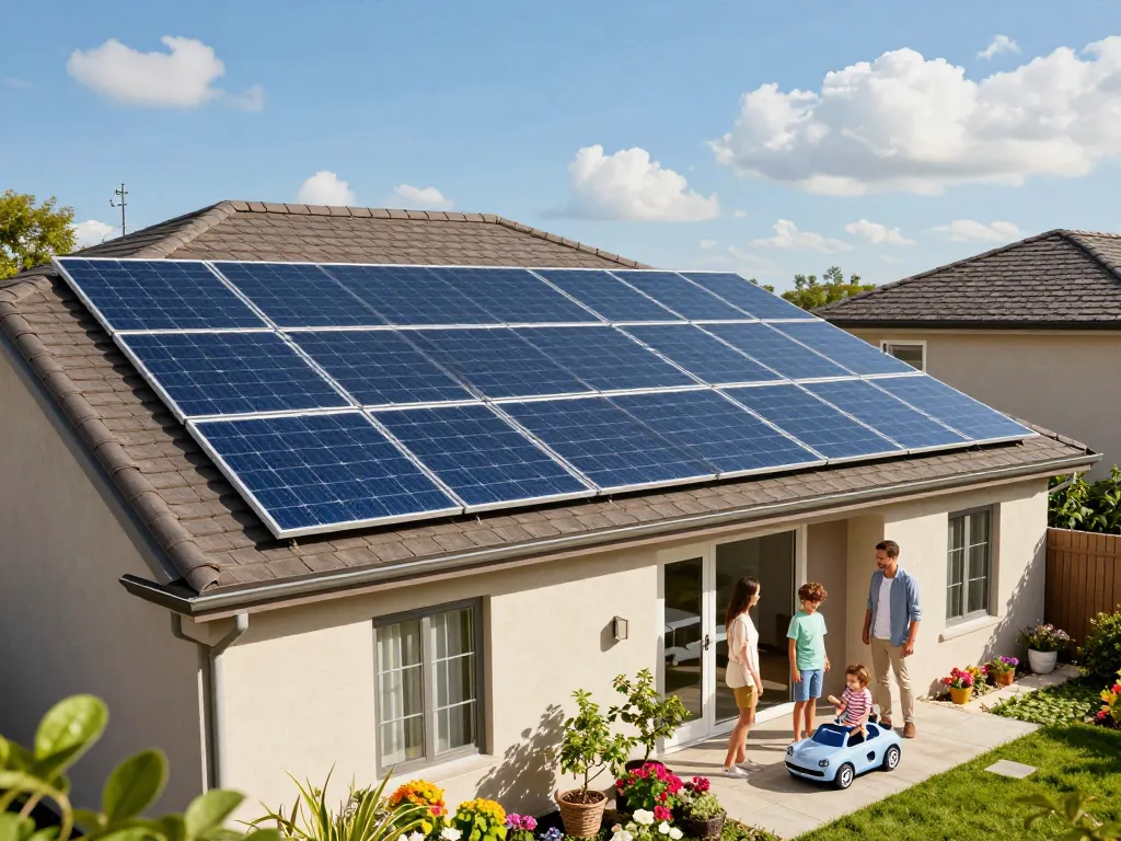 Genießen Sie die Vorteile der Photovoltaik Wien mit einer Solarpanelinstallation in einem modernen Zuhause, das familienfreundliche Nachhaltigkeitsaktivitäten zeigt.