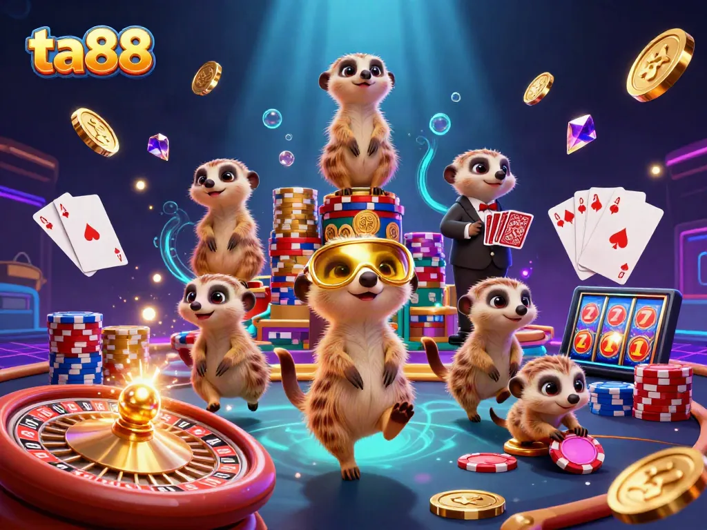 Experience the thrilling action of ta88 in a vibrant casino scene with meerkats and colorful gaming elements.