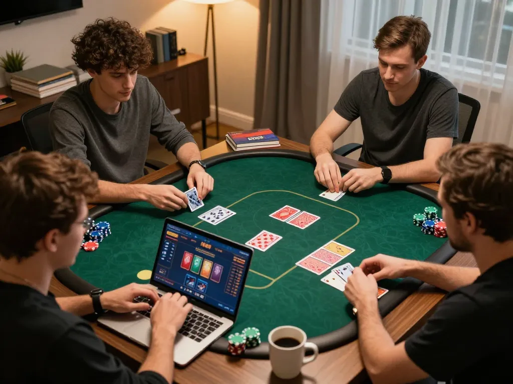 Engaged players at nhà cái LLwin analyzing their poker hands during an online game night.