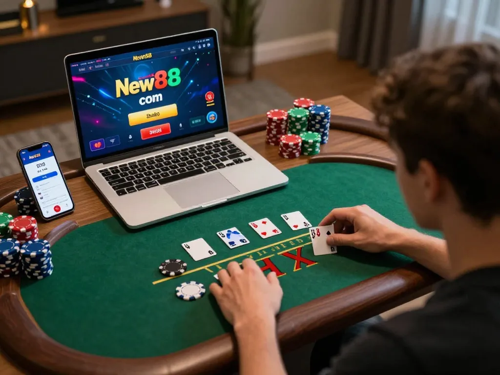 Engaging in live blackjack on New88 com, player focused with digital wallet and laptop nearby.