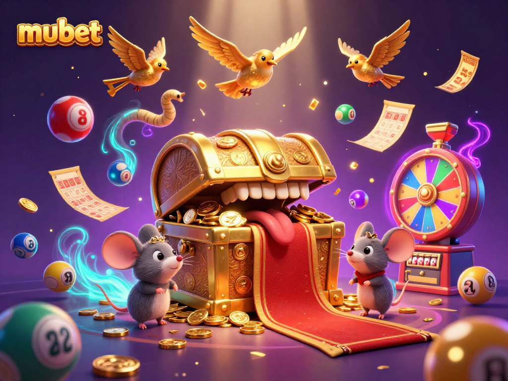 Engage in dynamic gaming action at Mubet with vibrant lottery balls and a treasure-themed scene.