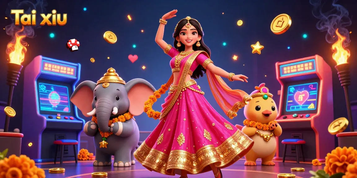 Experience Tai xiu excitement with vibrant characters, games, and casino gold in a dynamic scene.