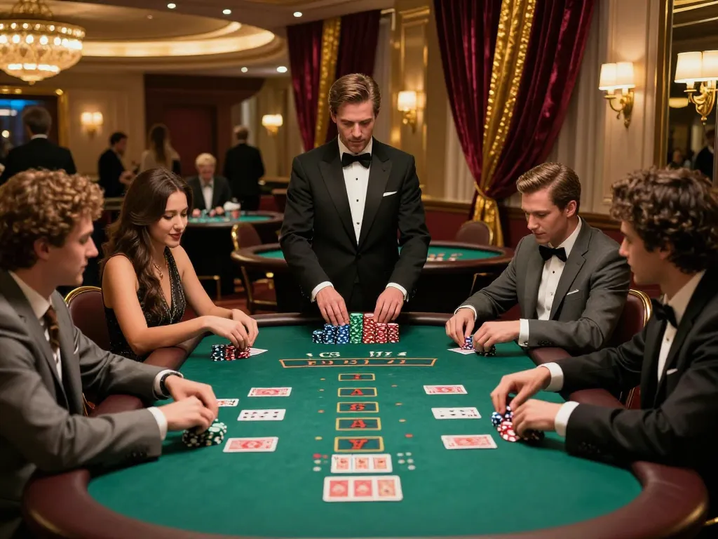 RR88 players enjoying an exciting blackjack game at a luxury casino with warm ambiance and lively atmosphere.