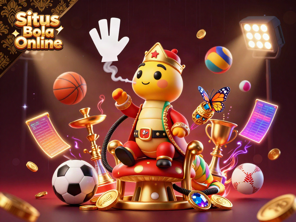 Situs Bola Online sports betting scene with a colorful caterpillar master character, dynamic sports elements, and trophy illustrations.