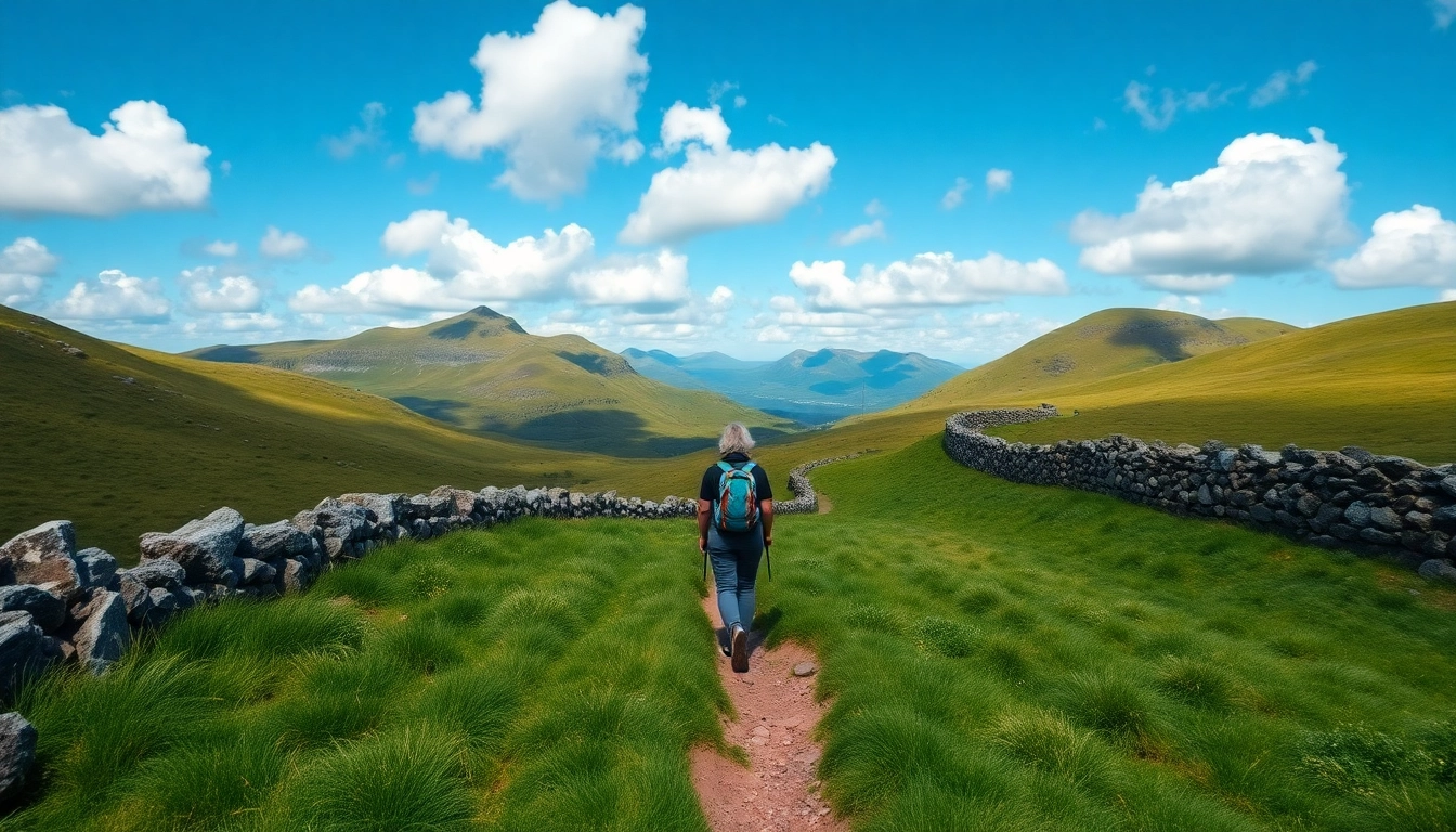 Wandern in Irland, ein Wanderer auf einem malerischen Pfad zwischen grünen Hügeln.