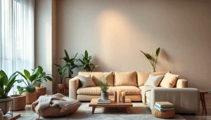 Modern Raumgestaltung mit gemütlichem Sofa und Pflanzen.