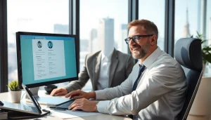 Headhunter arbeitet im modernen Büro, Fokus auf Lebenslauf und telefonischer Kommunikation.