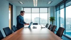 Headhunter Mannheim, der in einem modernen Büro professionell mit Klienten spricht.