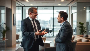 Headhunter Monchengladbach: Dynamische Besprechung in modernem Büro zwischen Headhunter und Kandidat, kreative Atmosphäre