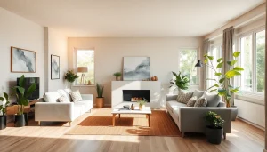 Gestalte einen stilvollen Wohnraum, der die Kunst der Raumgestaltung mit modernem Design und natürlichen Lichtquellen zeigt.