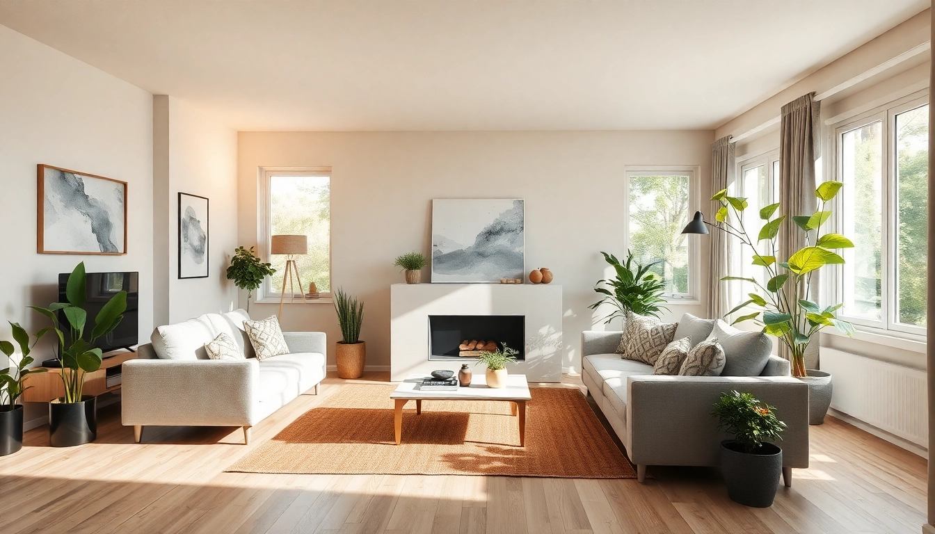 Gestalte einen stilvollen Wohnraum, der die Kunst der Raumgestaltung mit modernem Design und natürlichen Lichtquellen zeigt.