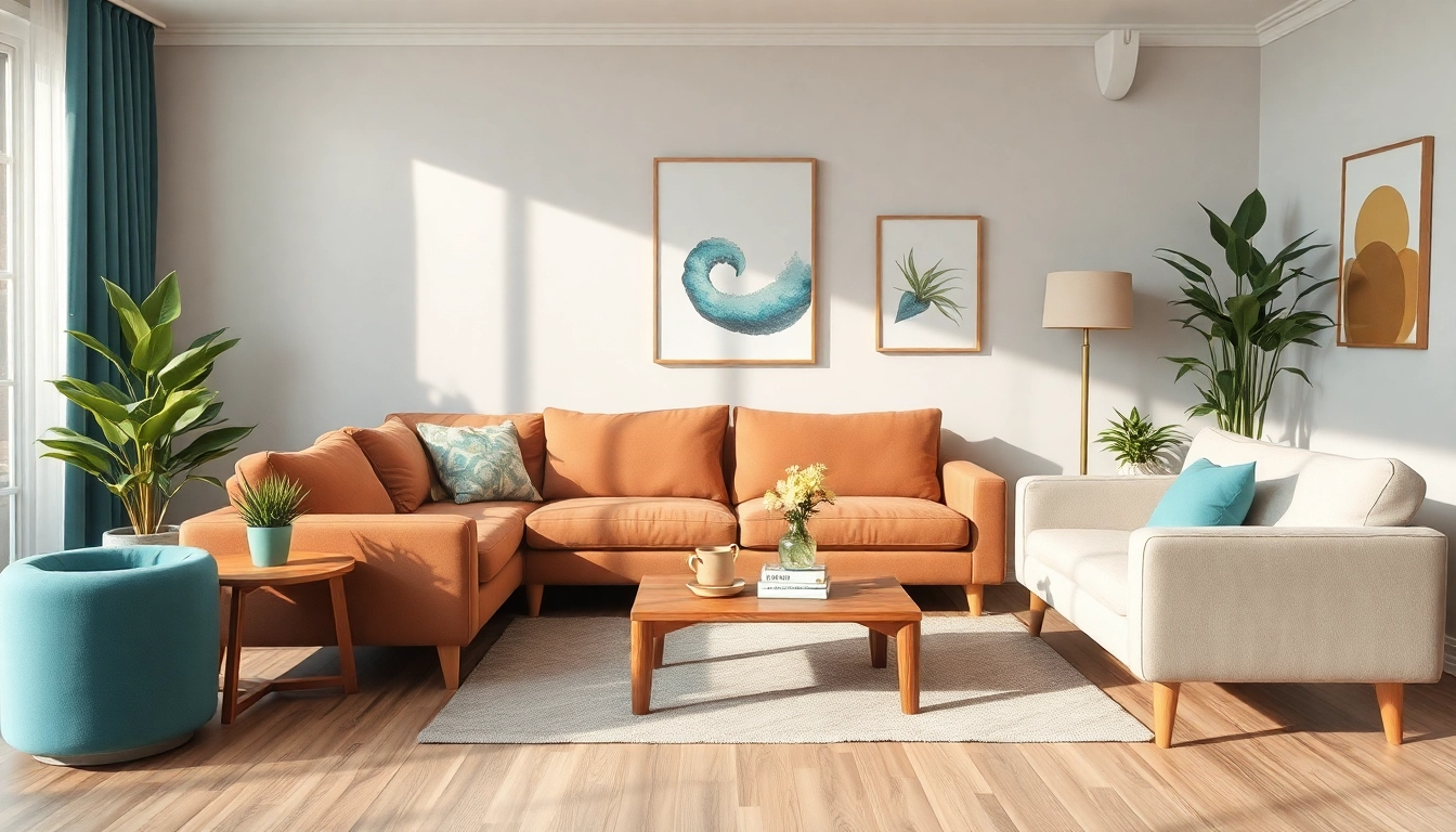 Moderne Raumgestaltung eines hellen Wohnzimmers mit stilvollem Sofa und Pflanzen.