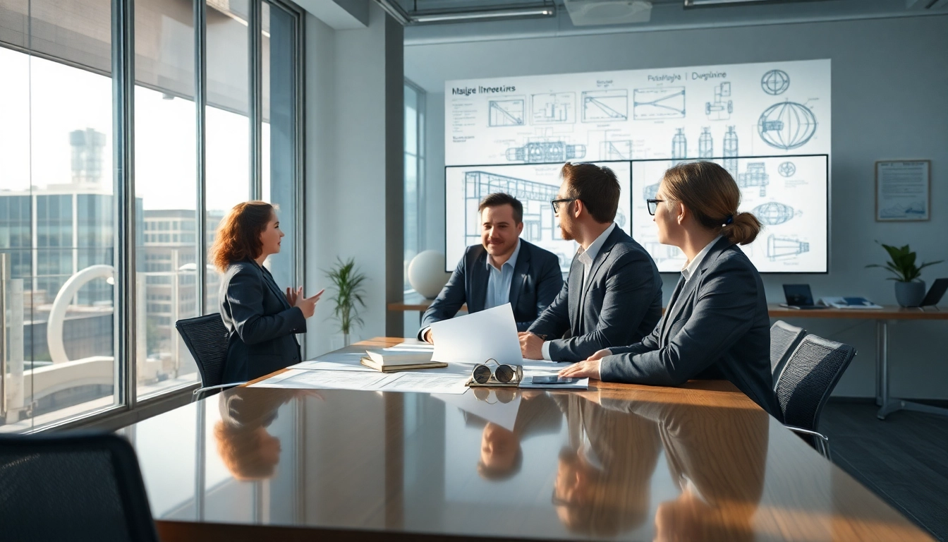 Headhunter Ingenieure beraten in einem modernen Ingenieursbüro über technische Projekte.