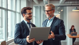 Personalvermittlung in einem modernen Büro mit einem Personalvermittler, der einem Kandidaten Karrierechancen präsentiert.