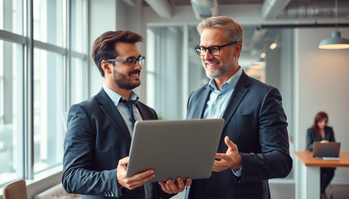 Personalvermittlung in einem modernen Büro mit einem Personalvermittler, der einem Kandidaten Karrierechancen präsentiert.