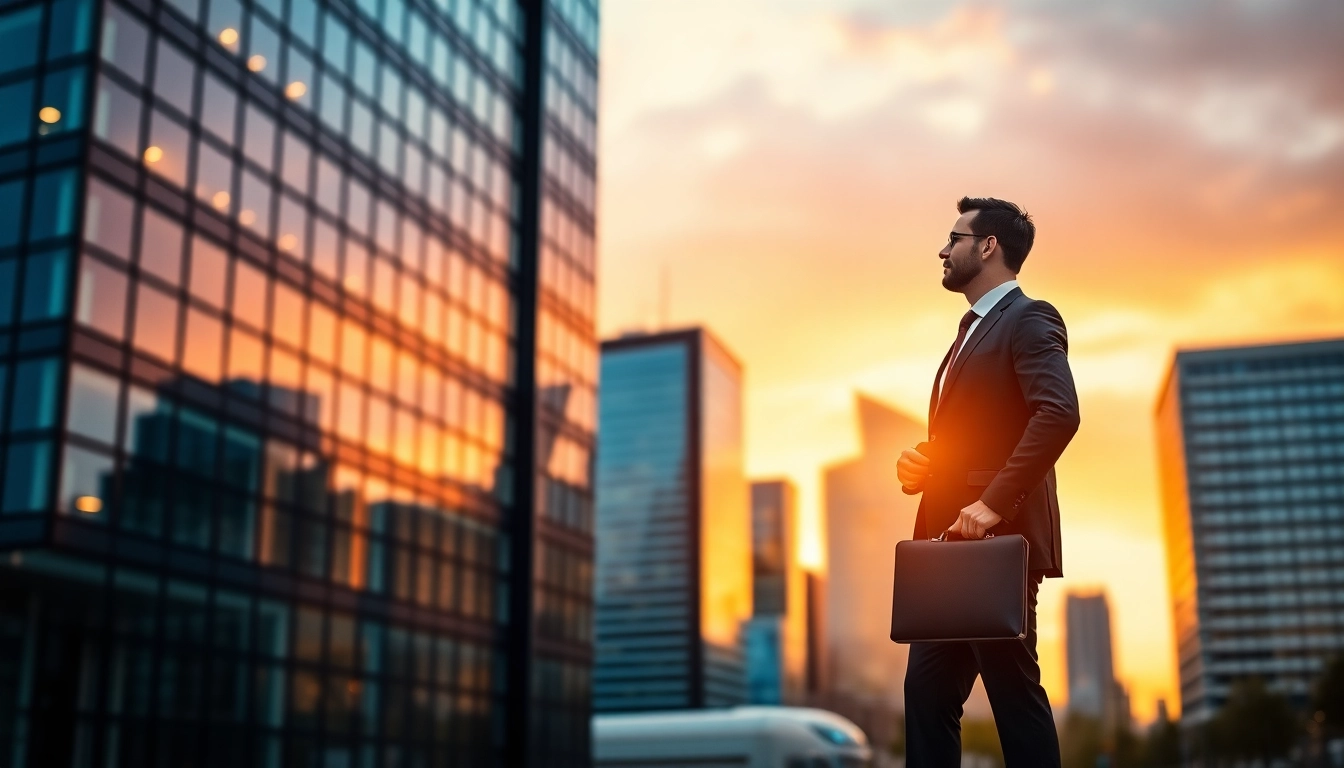 Headhunter Frankfurt showcases success with a professional in a dynamic cityscape.