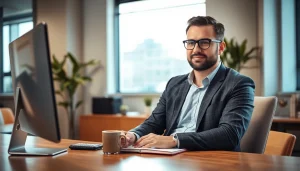 Headhunter IT bei der Arbeit in einem modernen Büro, fokussiert und professionell.